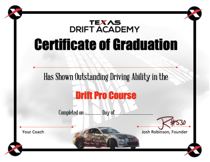 Texas Drift Academy Graduation Certificate